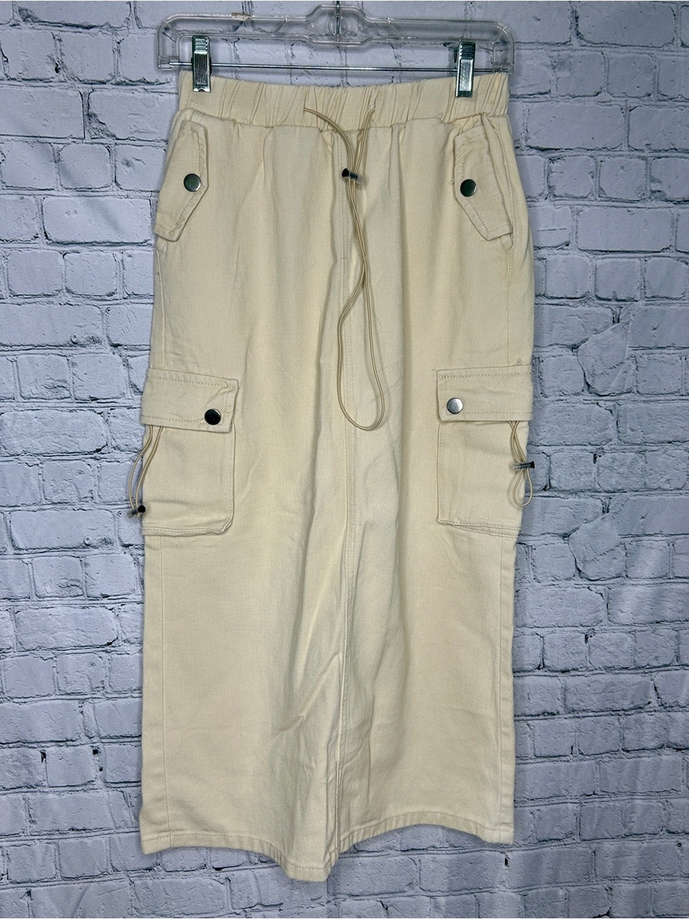 Khaki Cargo Midi Skirt with Drawstring Waist